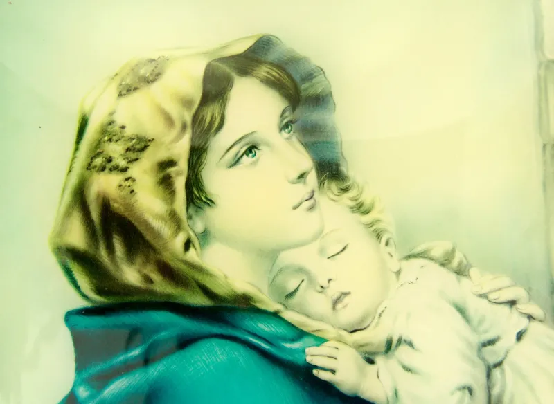 New Pamono Italian Artist, Madonna Del Riposo, 1940s, Print on Glass, Framed