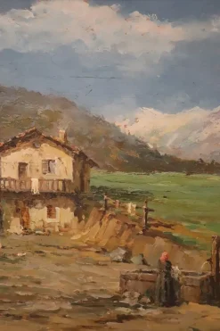 Pamono Italian Artist, Mountain Valley Landscape, Oil Painting on Plywood, Framed><noscript><img width=