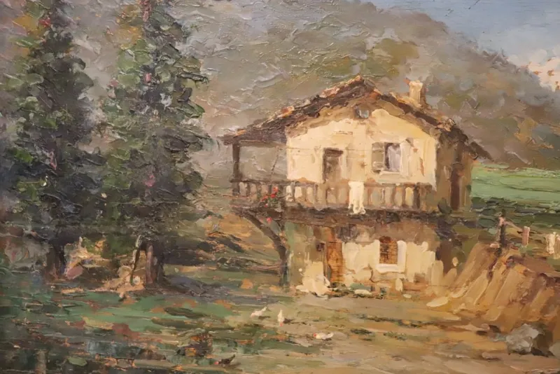 Pamono Italian Artist, Mountain Valley Landscape, Oil Painting on Plywood, Framed> Classical