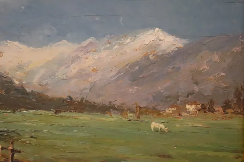 Pamono Italian Artist, Mountain Valley Landscape, Oil Painting on Plywood, Framed> Classical