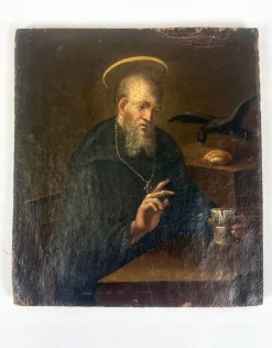 Pamono Italian Artist, St. Benedict with a Raven, 17th Century, Oil on Canvas> Classical
