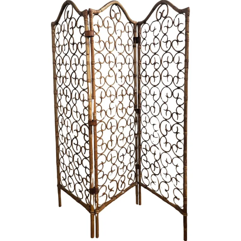 Pamono Italian Bamboo & Rattan Organic Bohemian 3 Panel Folding Screen, 1960s