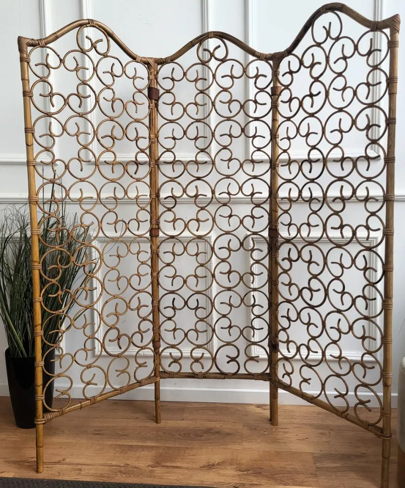 Pamono Italian Bamboo & Rattan Organic Bohemian 3 Panel Folding Screen, 1960s