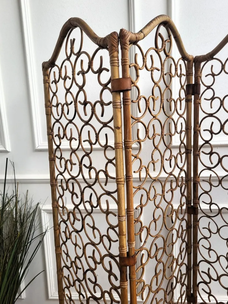 Pamono Italian Bamboo & Rattan Organic Bohemian 3 Panel Folding Screen, 1960s