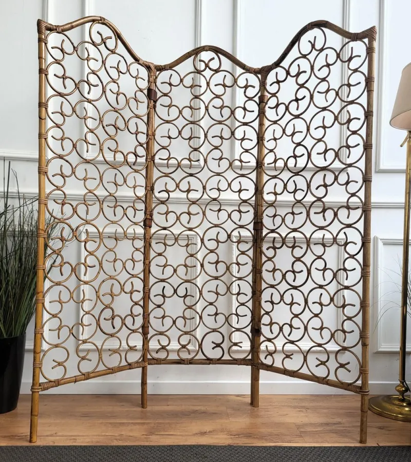 Pamono Italian Bamboo & Rattan Organic Bohemian 3 Panel Folding Screen, 1960s