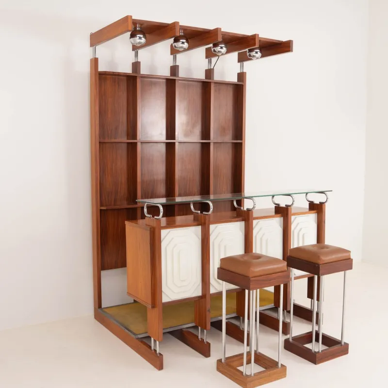 Pamono Italian Bar Unit with Stools, 1970s, Set of 3> Cabinets & Wardrobes