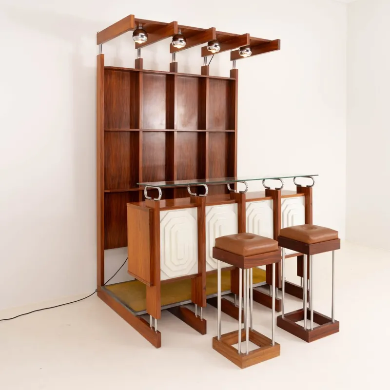 Pamono Italian Bar Unit with Stools, 1970s, Set of 3> Cabinets & Wardrobes