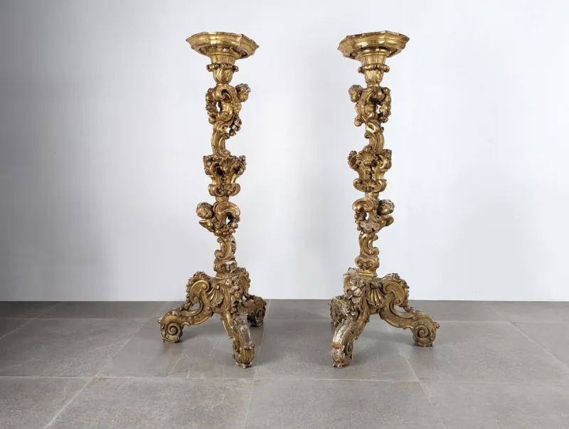 Pamono Italian Baroque Torcheres in Golden Wood, 1800s, Set of 2> Pedestals And Columns