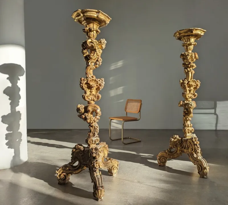 Pamono Italian Baroque Torcheres in Golden Wood, 1800s, Set of 2> Pedestals And Columns