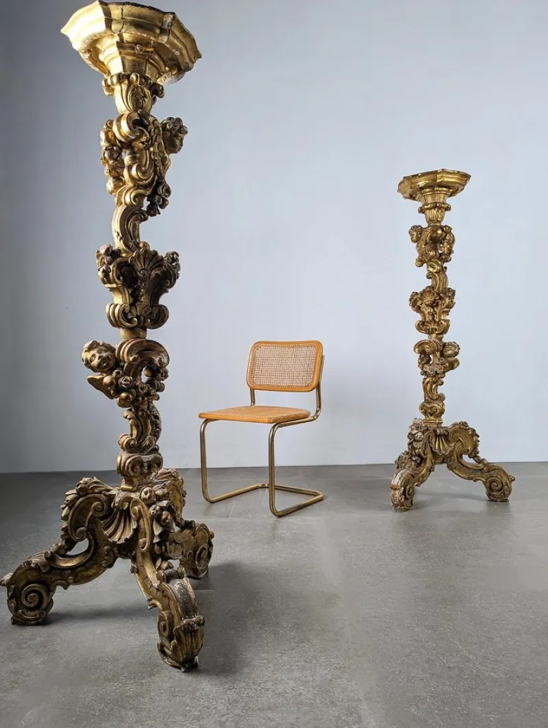 Pamono Italian Baroque Torcheres in Golden Wood, 1800s, Set of 2> Pedestals And Columns