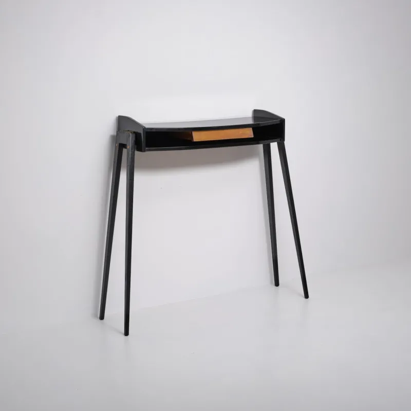Hot Pamono Italian Black Lacquered Wood Console with Brass Drawer Front, 1950s