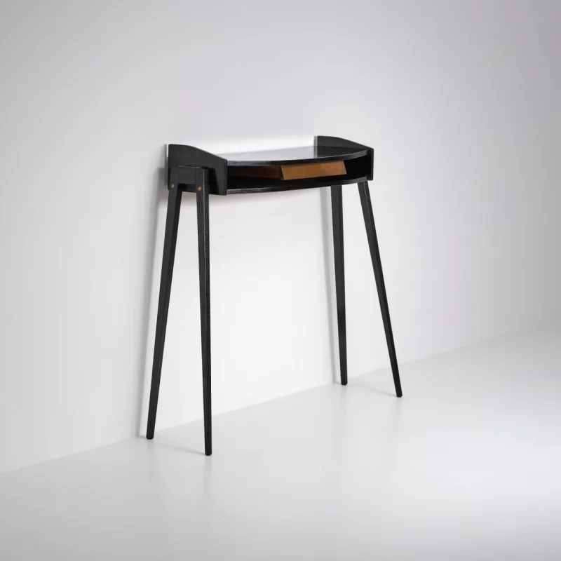 Hot Pamono Italian Black Lacquered Wood Console with Brass Drawer Front, 1950s