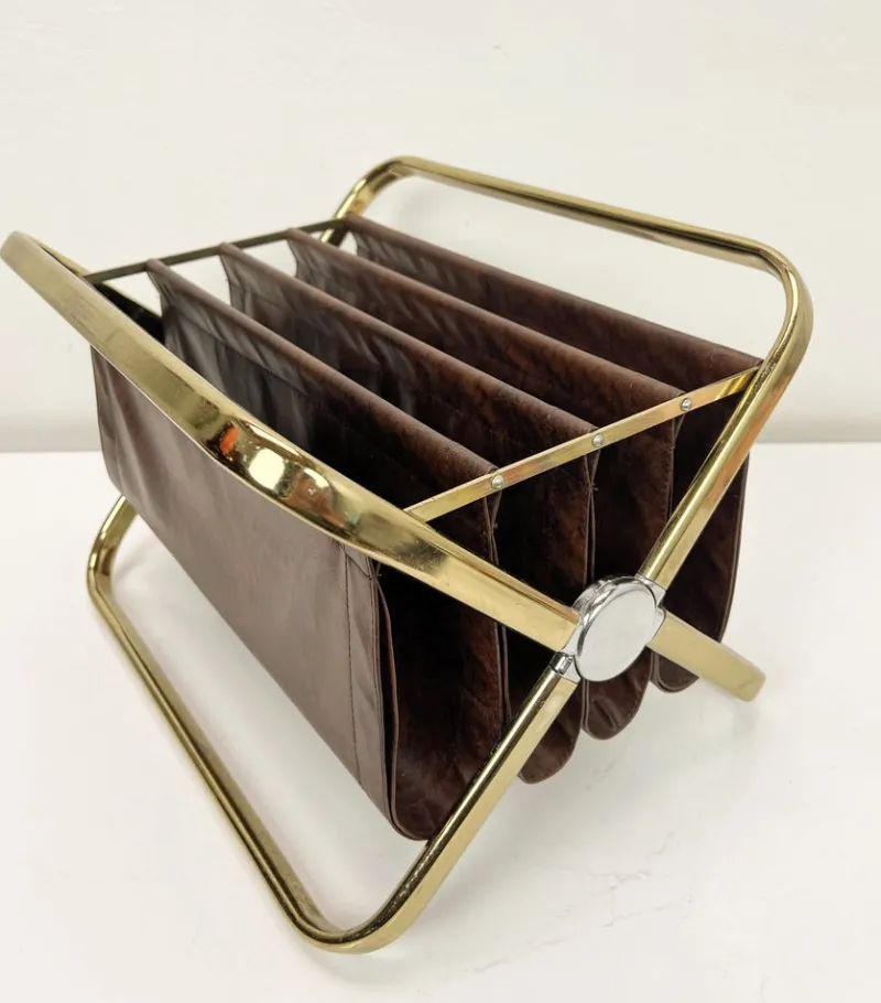 New Pamono Italian Brass and Leatherette Magazine Holder from Castelli, 1960s