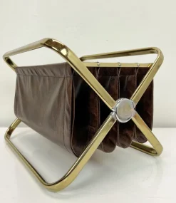 New Pamono Italian Brass and Leatherette Magazine Holder from Castelli, 1960s