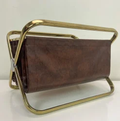 New Pamono Italian Brass and Leatherette Magazine Holder from Castelli, 1960s