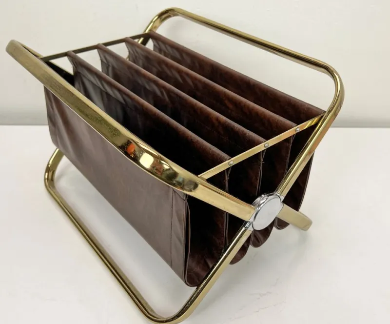 New Pamono Italian Brass and Leatherette Magazine Holder from Castelli, 1960s