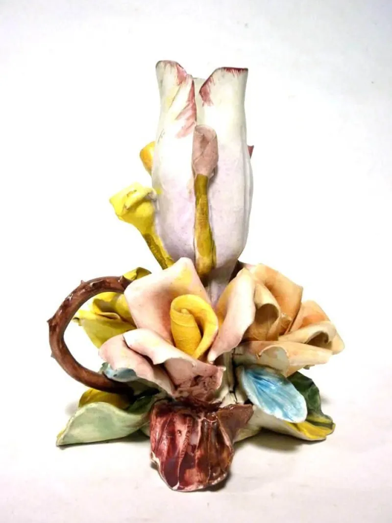 Pamono Italian Capodimonte Biscuit Porcelain Rose Flower Candleholder, 1950s