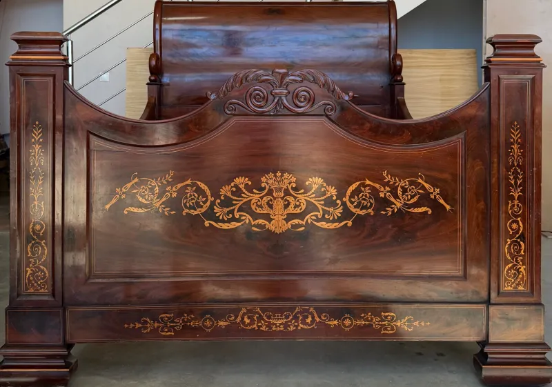 Pamono Italian Carved Inlaid Mahogany Burl Bed, 19th Century> Beds & Bedroom Sets