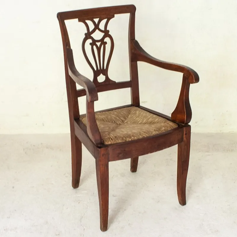 Best Pamono Italian Children's Chair in Wood with Rush Weave, 1900