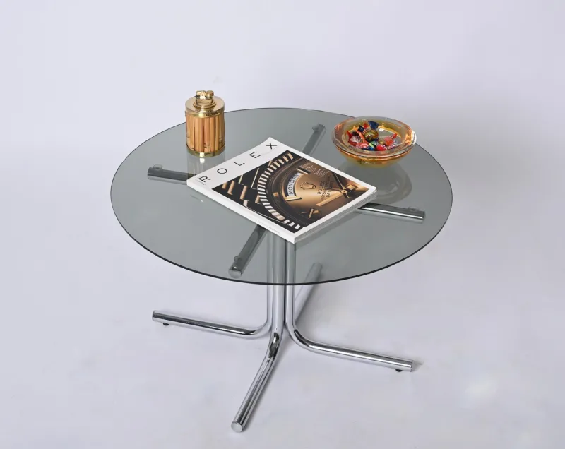 Pamono Italian Chrome and Smoked Glass Round Coffee Table in the style of Giotto Stoppino, 1970s> Coffee & Side Tables