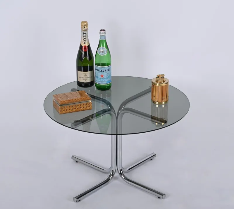 Pamono Italian Chrome and Smoked Glass Round Coffee Table in the style of Giotto Stoppino, 1970s> Coffee & Side Tables