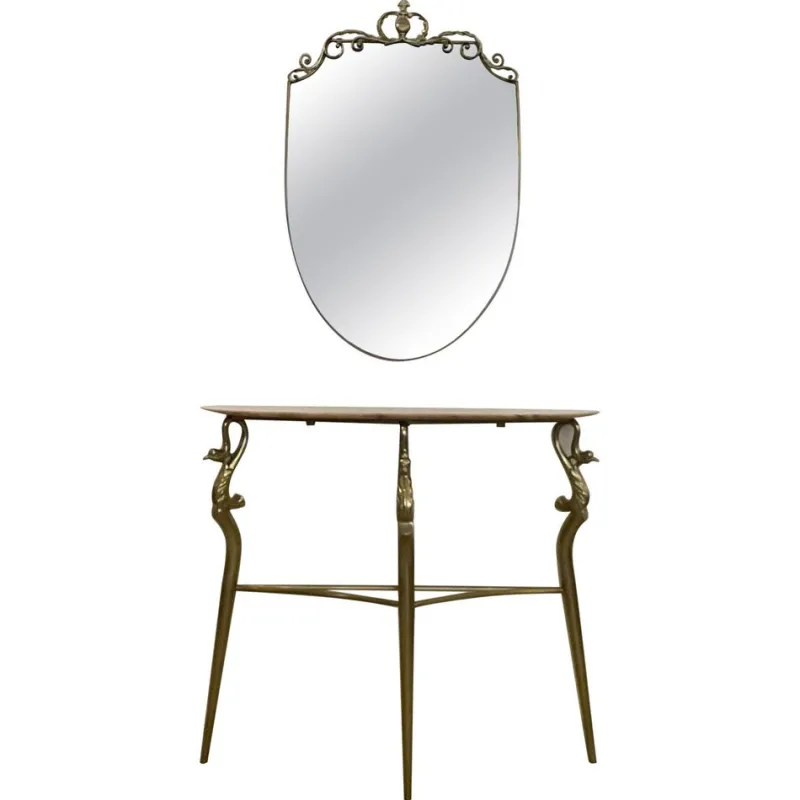 Pamono Italian Console Table in Brass and Marble with Mirror, 1950s> Console Tables