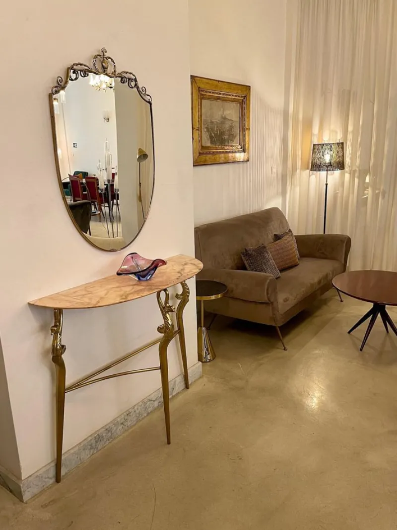Pamono Italian Console Table in Brass and Marble with Mirror, 1950s> Console Tables
