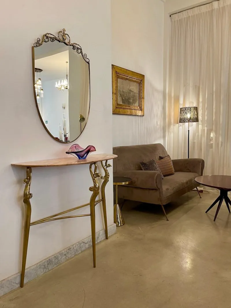 Pamono Italian Console Table in Brass and Marble with Mirror, 1950s> Console Tables