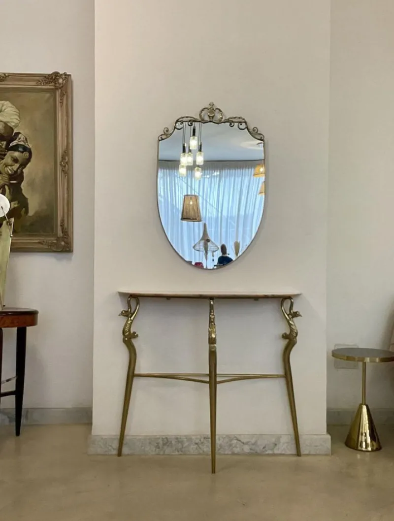 Pamono Italian Console Table in Brass and Marble with Mirror, 1950s> Console Tables