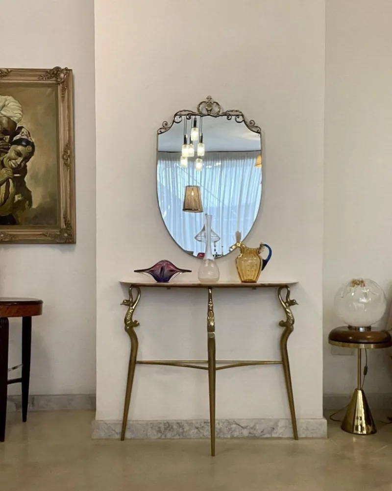 Pamono Italian Console Table in Brass and Marble with Mirror, 1950s> Console Tables