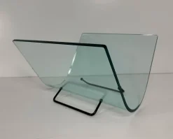 Pamono Italian Curved Glass and Metal Magazine Holder, 1980s><noscript><img width=
