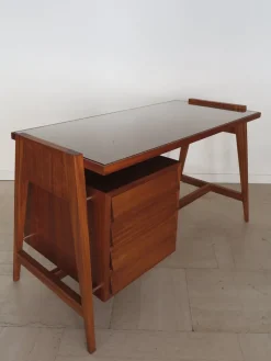 Pamono Italian Desk with Glass Top and Brass Details, 1950s><noscript><img width=