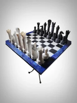 Pamono Italian Dragon-Shaped Chess Table in Lapis Lazuli and Marble, 1950s, Set of 33><noscript><img width=