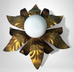 Sale Pamono Italian Gilt Brass and Opaline Glass Flush Mount, 1950s