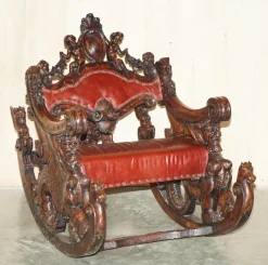 Online Pamono Italian Hand Carved Fruitwood & Leather Rocking Armchair, 1850s