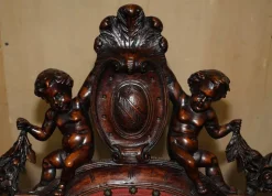 Online Pamono Italian Hand Carved Fruitwood & Leather Rocking Armchair, 1850s