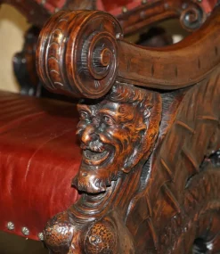 Online Pamono Italian Hand Carved Fruitwood & Leather Rocking Armchair, 1850s