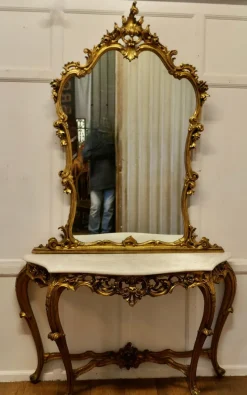 New Pamono Italian Marble Top Console Table and Mirror Set, 1890s, Set of 2