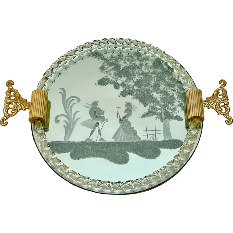 Hot Pamono Italian Mirror-Engraved Murano Glass Serving Tray from Ercole Barovier, 1940s