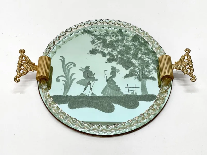 Hot Pamono Italian Mirror-Engraved Murano Glass Serving Tray from Ercole Barovier, 1940s