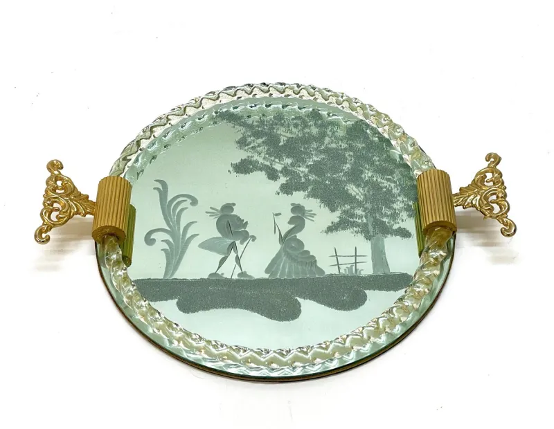 Hot Pamono Italian Mirror-Engraved Murano Glass Serving Tray from Ercole Barovier, 1940s