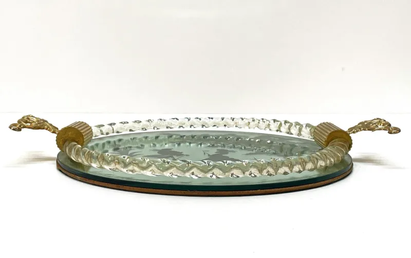 Hot Pamono Italian Mirror-Engraved Murano Glass Serving Tray from Ercole Barovier, 1940s