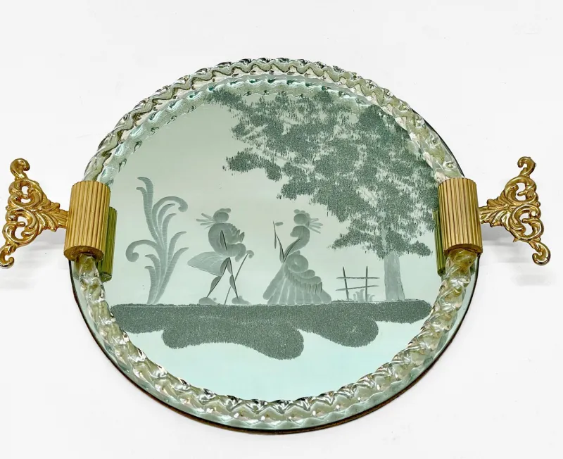 Hot Pamono Italian Mirror-Engraved Murano Glass Serving Tray from Ercole Barovier, 1940s