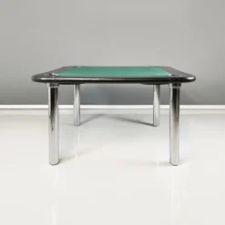 Pamono Italian Modern Game Table in Green Fabric and Black Leather with Chromed Steel Legs, 1970s> Game Tables