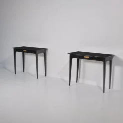Sale Pamono Italian Nightstands in Black Shellac Lacquer with Brass Pulls, 1950s, Set of 2
