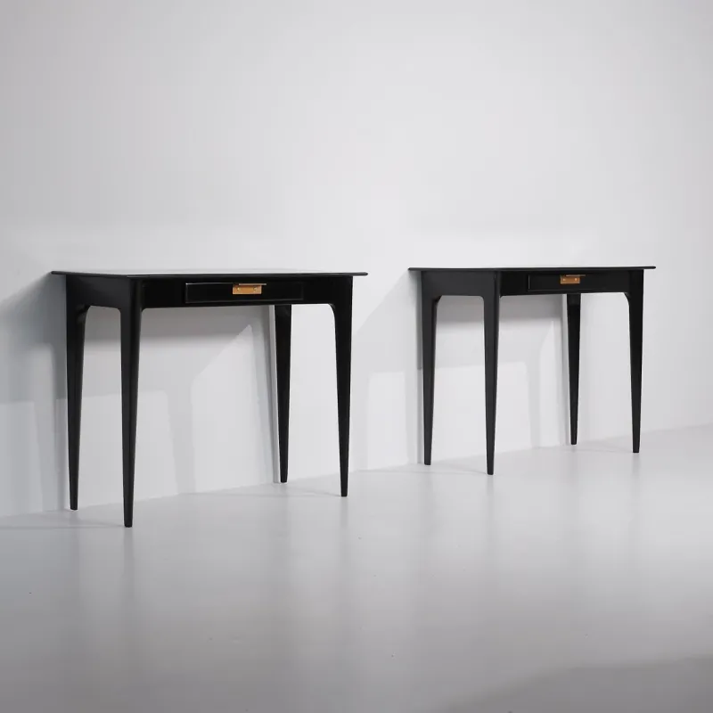 Sale Pamono Italian Nightstands in Black Shellac Lacquer with Brass Pulls, 1950s, Set of 2