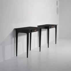 Sale Pamono Italian Nightstands in Black Shellac Lacquer with Brass Pulls, 1950s, Set of 2