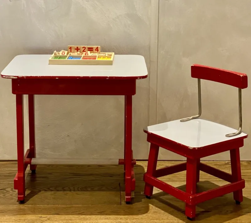 Pamono Italian Nursery School Desk with Chair, 1950s, Set of 2