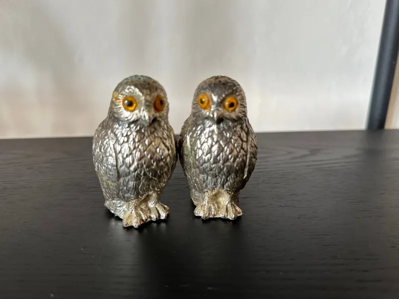 Pamono Italian Owl Shaped Salt and Pepper Shakers with Glass Eyes, 1970s, Set of 2> Salt & Pepper Shakers