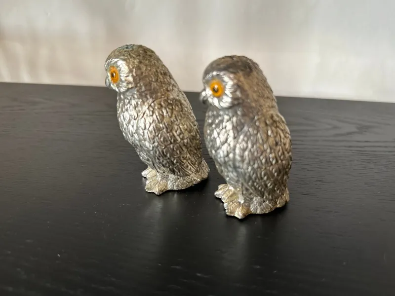Pamono Italian Owl Shaped Salt and Pepper Shakers with Glass Eyes, 1970s, Set of 2> Salt & Pepper Shakers